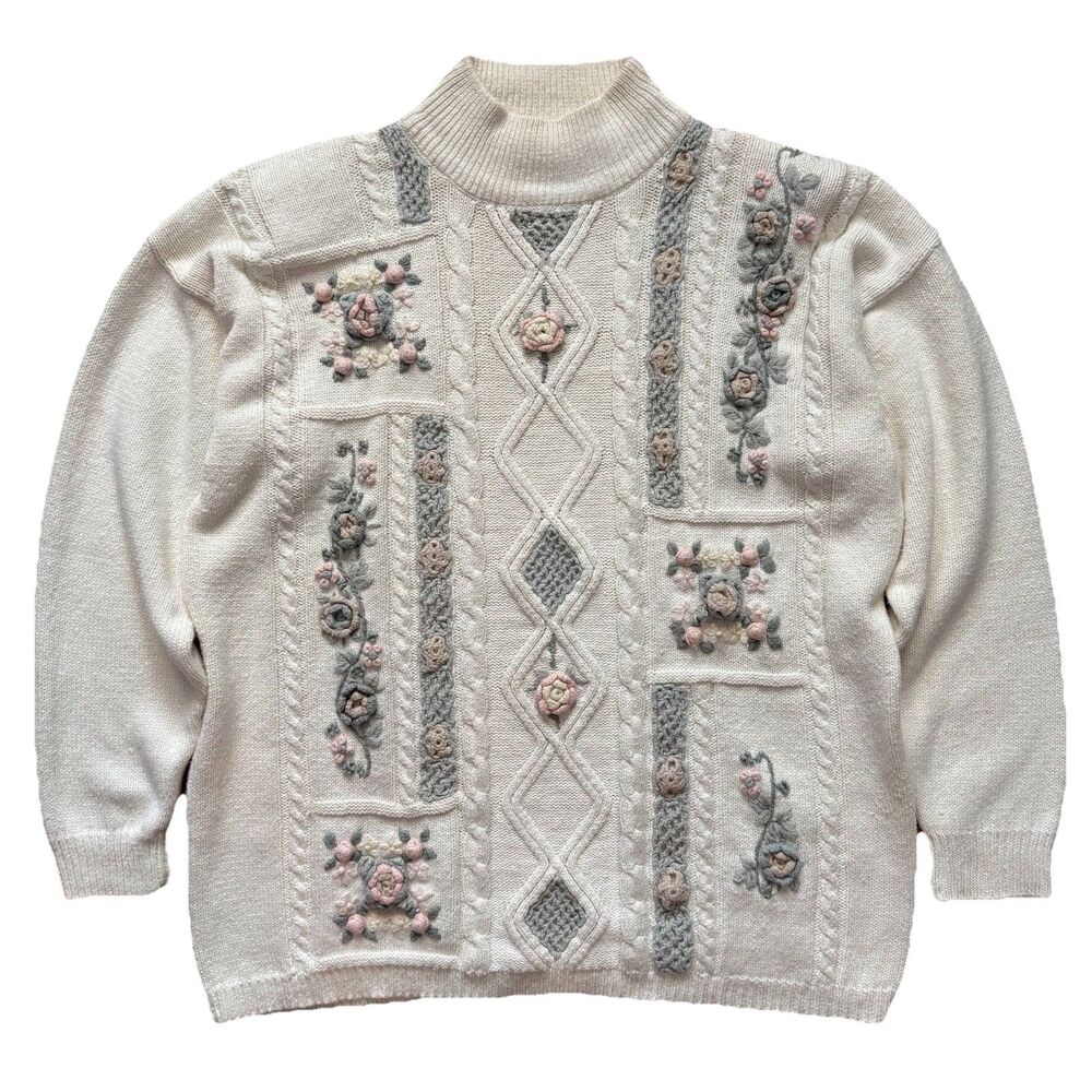 Shenanigans Grandma Chic Cable Knit Floral Mock Neck Sweater Size Large